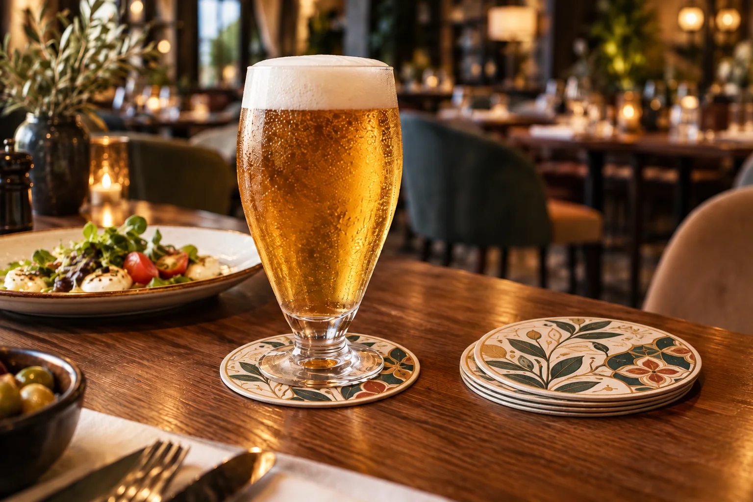Custom printed beer coaster in a restaurant setting