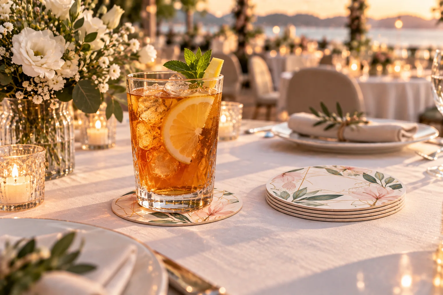 Floral printed coaster in an event table setting