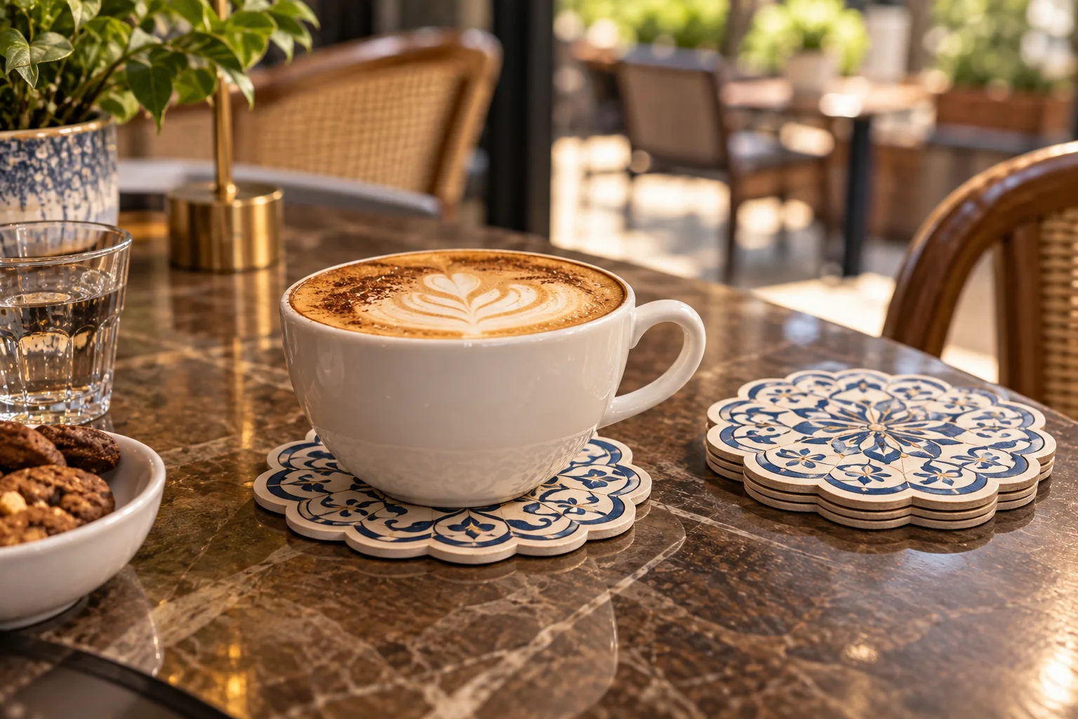 Custom printed coffee coaster in a café setting
