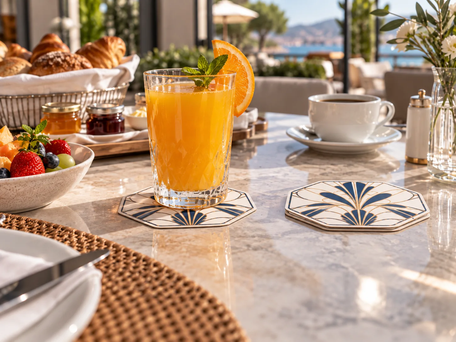 Geometric printed coaster in a hotel breakfast setting