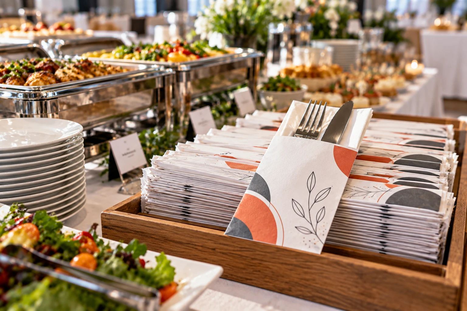 Printed cutlery sleeves prepared for catering service