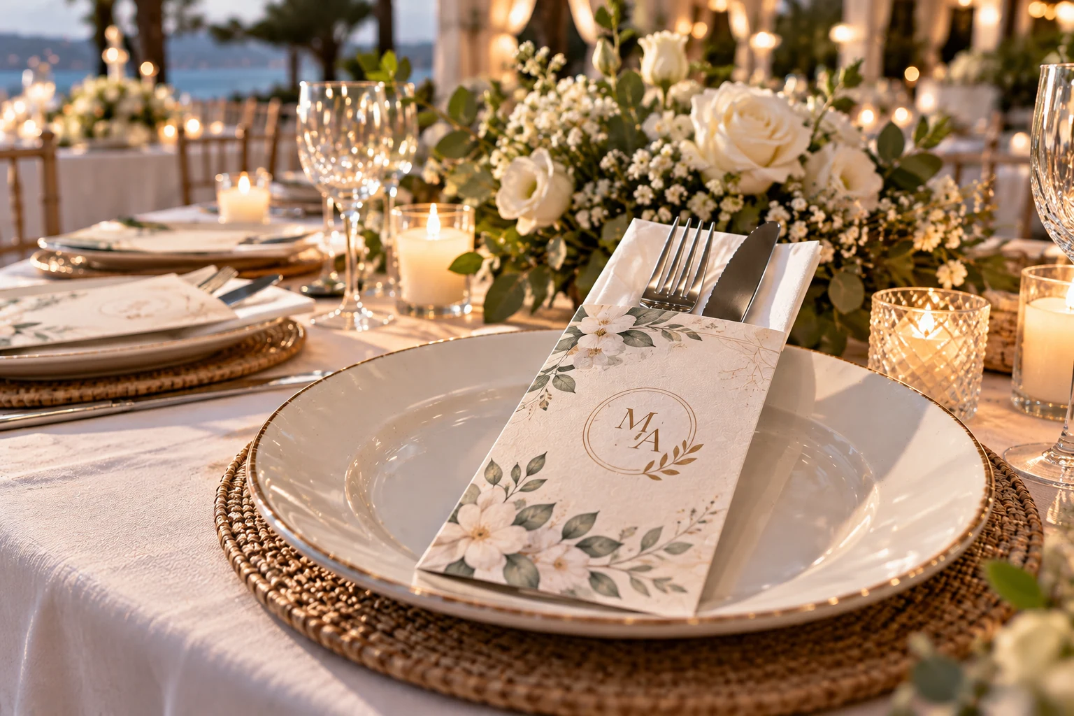 Printed cutlery sleeve in an event table setting