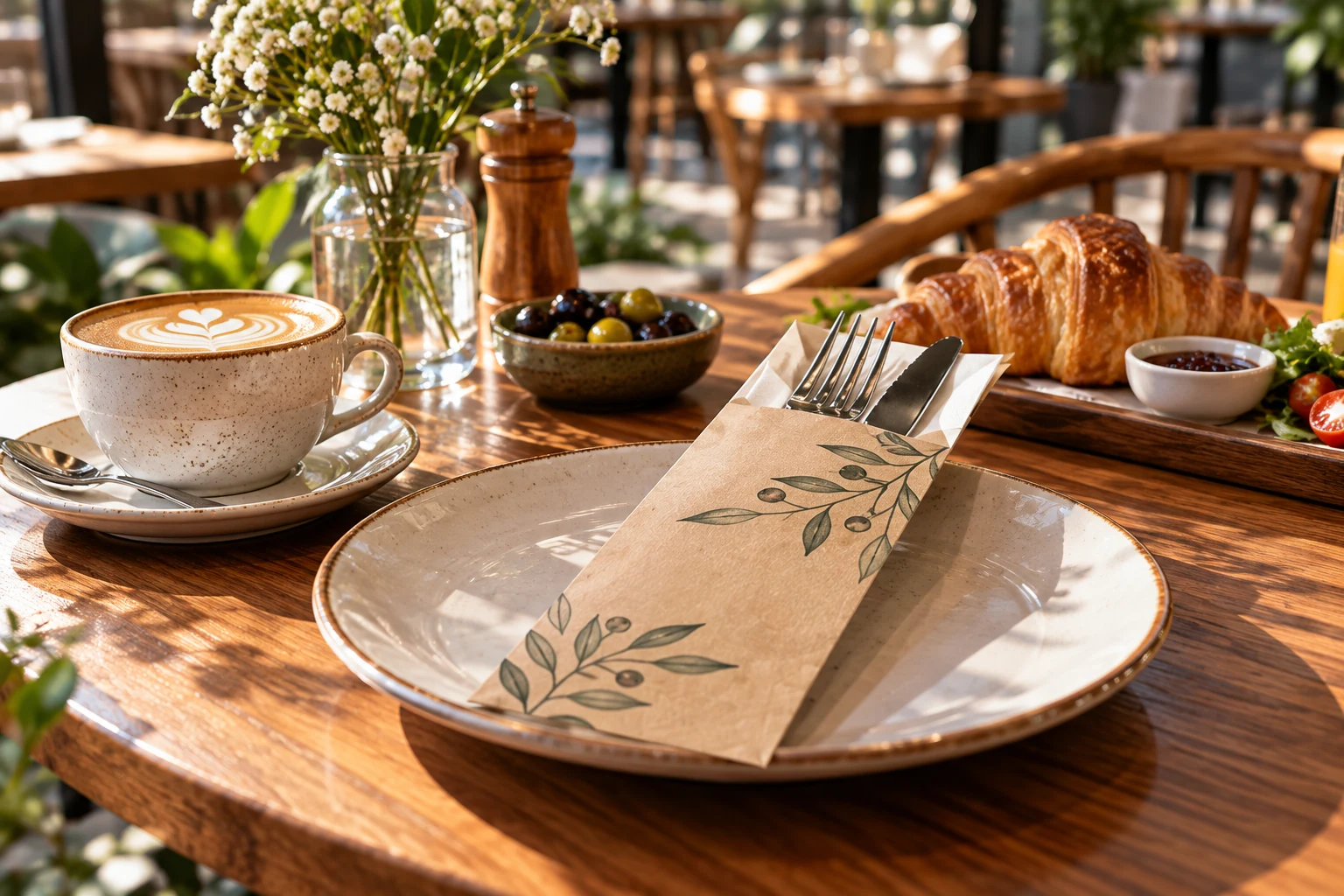 Kraft printed cutlery sleeve in a café and bistro setting