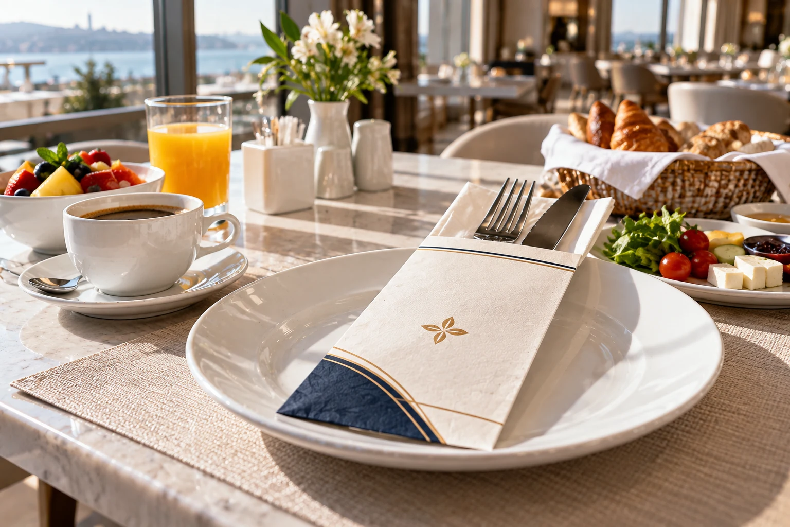 Custom printed cutlery sleeve in a hotel breakfast setting