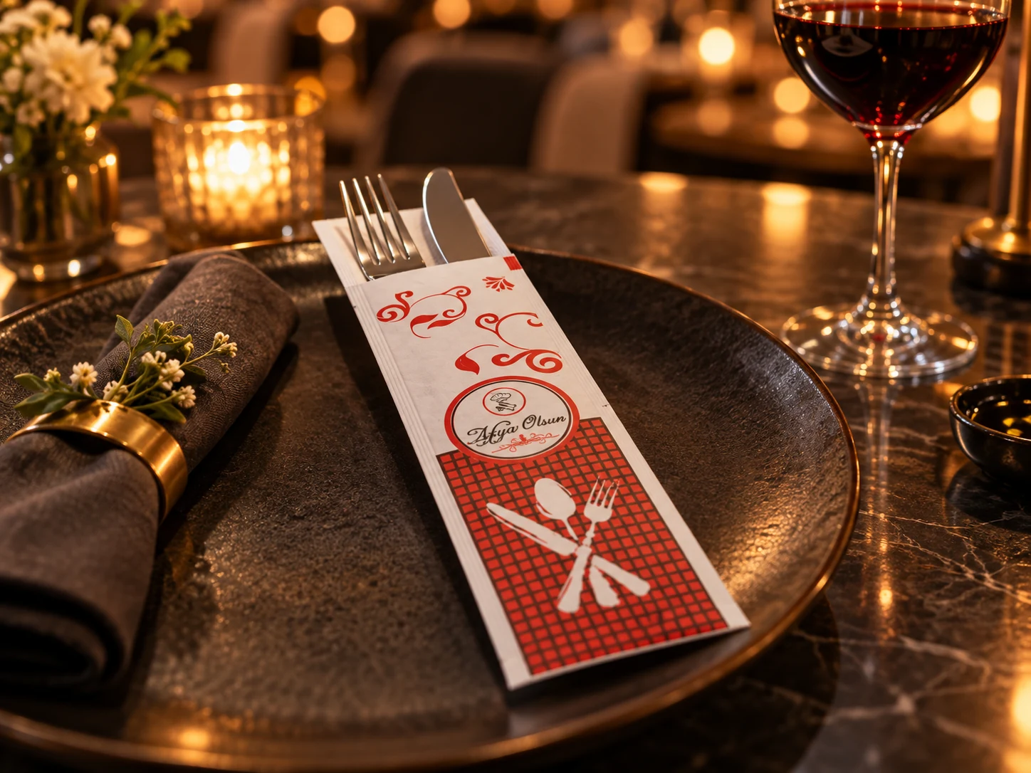 Printed cutlery sleeve in a restaurant table setting