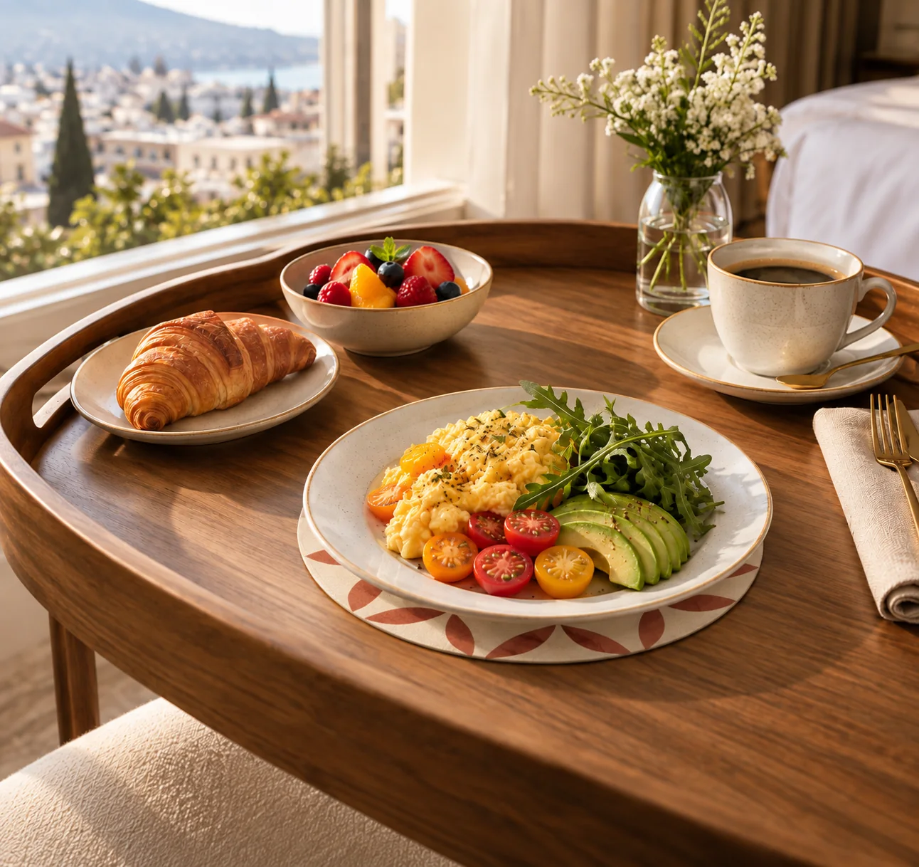 Two-color round fabric placemat in a boutique hotel breakfast setting