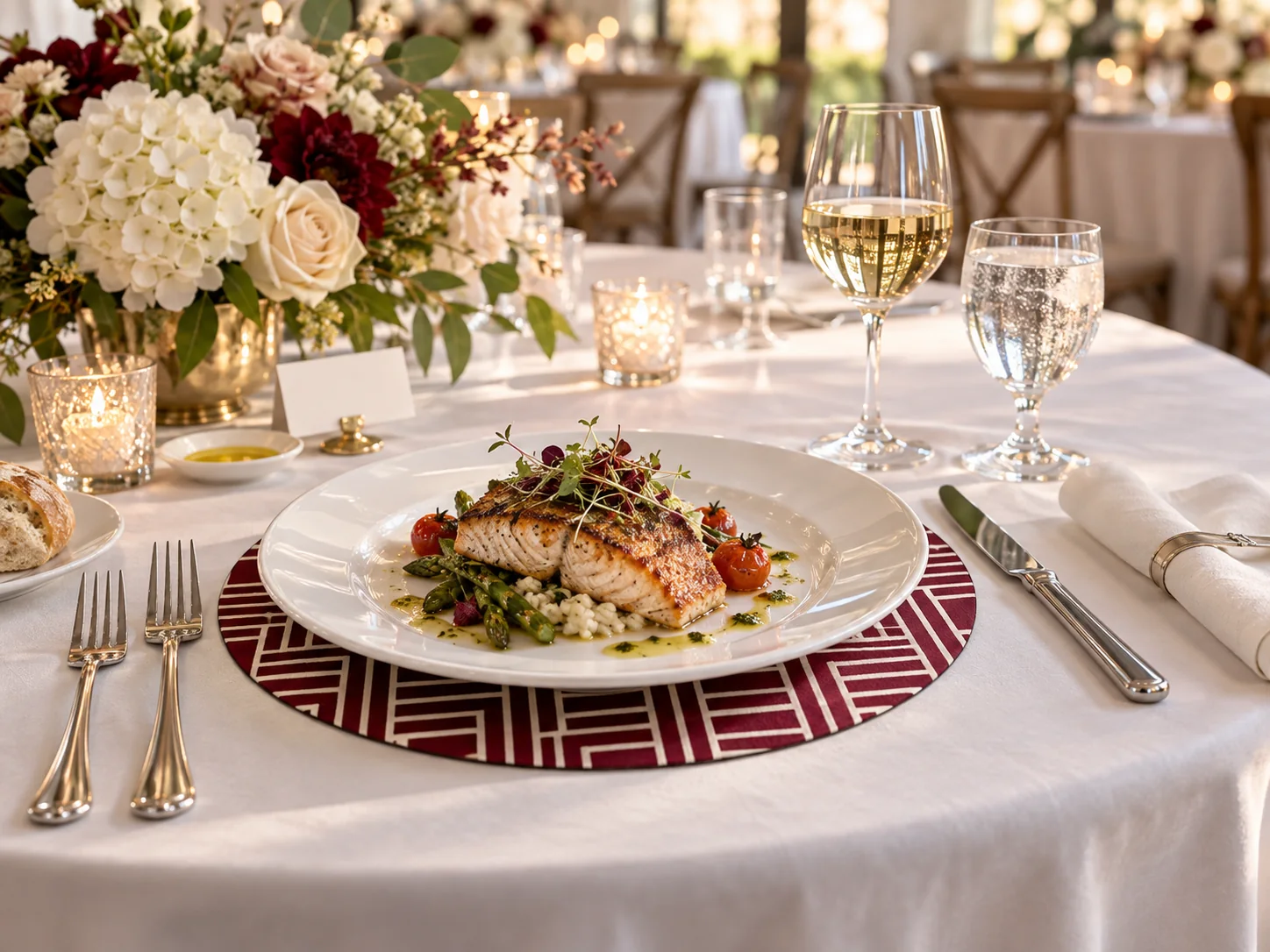 Printed round fabric placemat in a catering and event setting