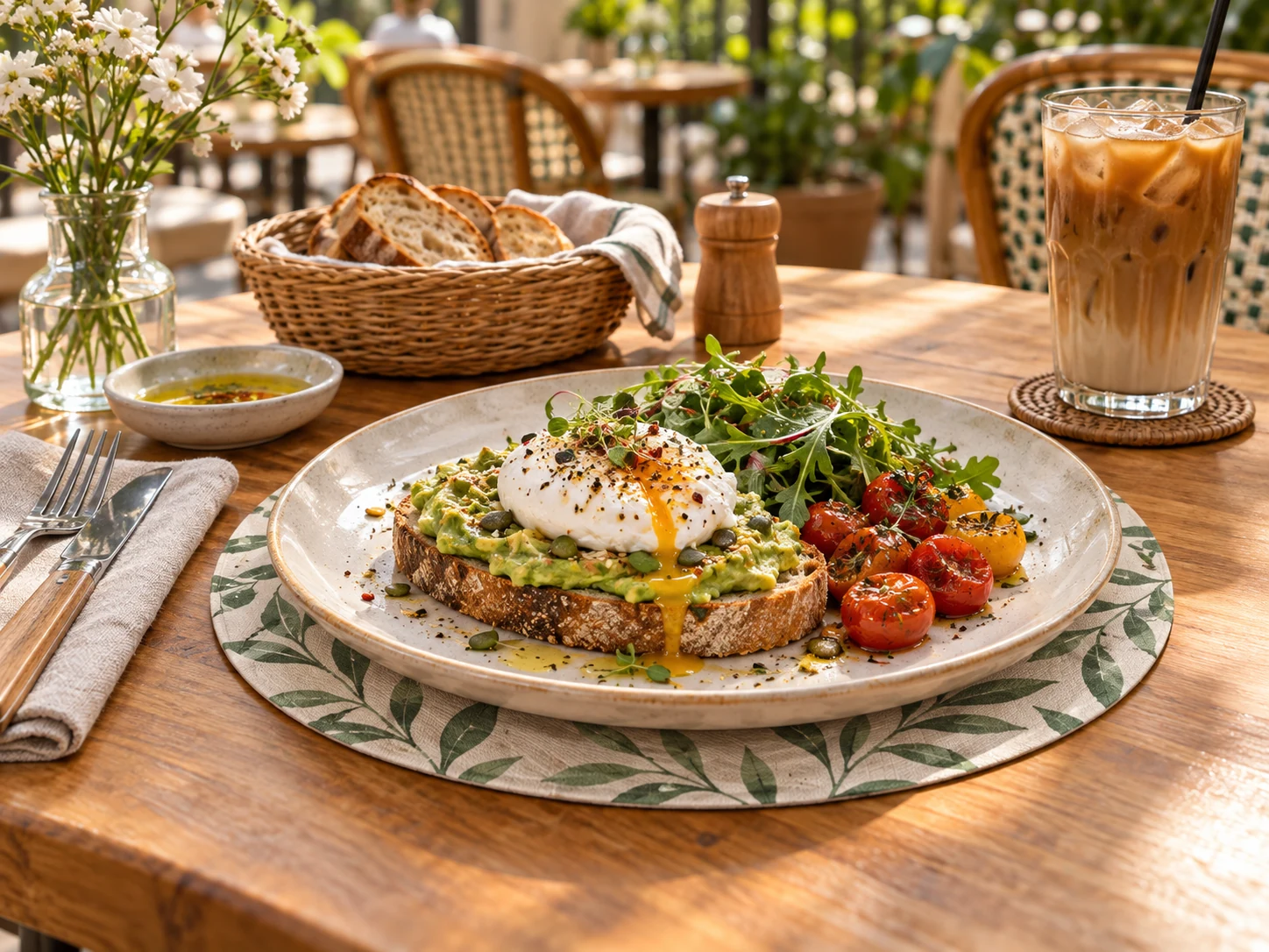 Two-color round fabric placemat in a café and brunch setting