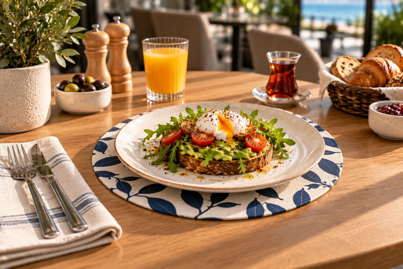Round fabric placemat in a hotel breakfast setting
