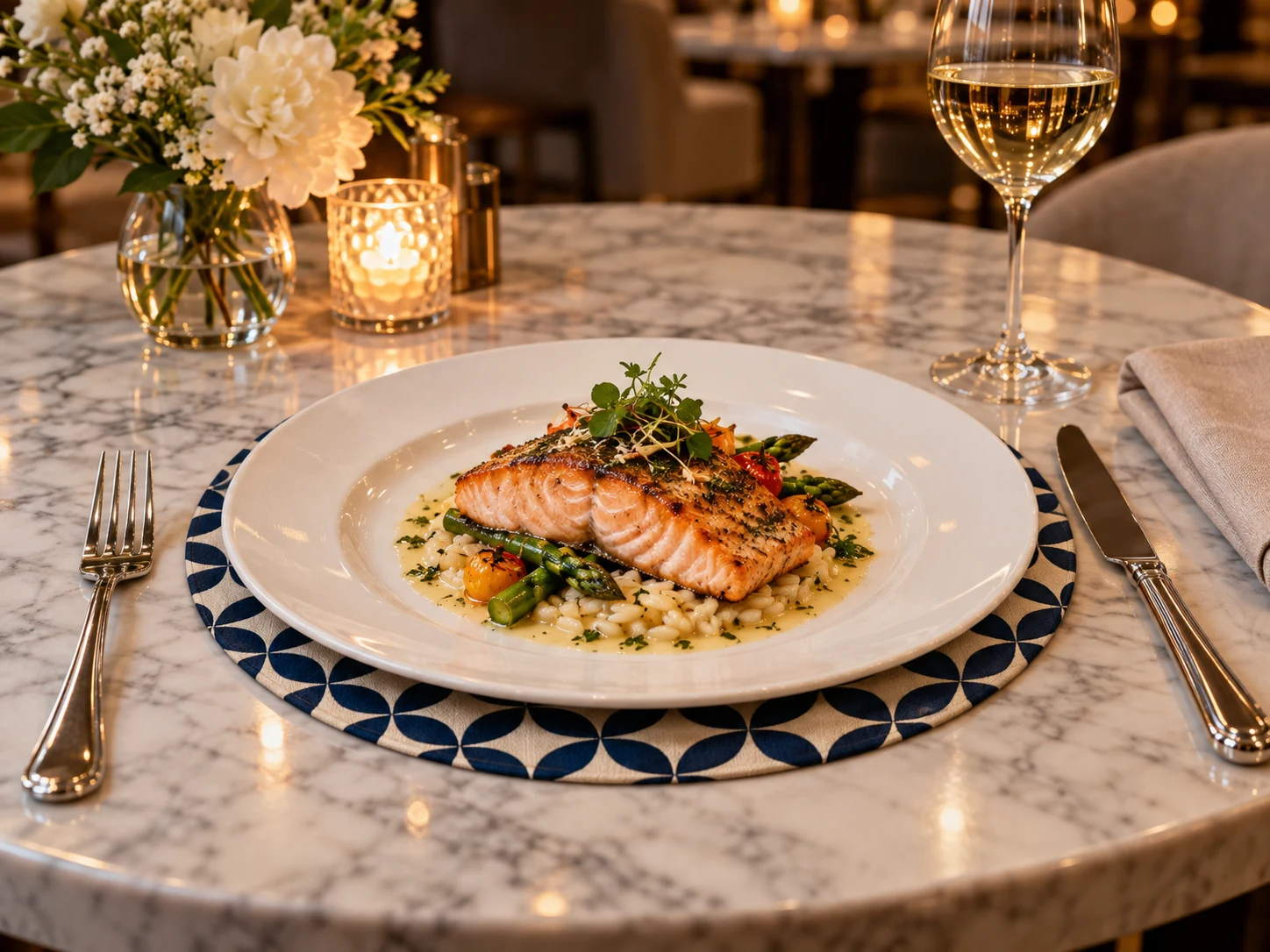 Two-color round fabric placemat in a premium restaurant setting