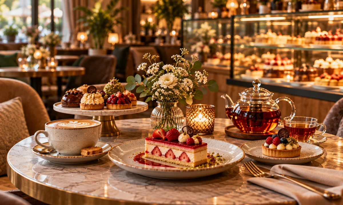 Elegant dessert and beverage presentation for patisseries